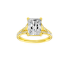 Radiant-cut diamond engagement ring with a channel-set diamond band and solitaire setting.