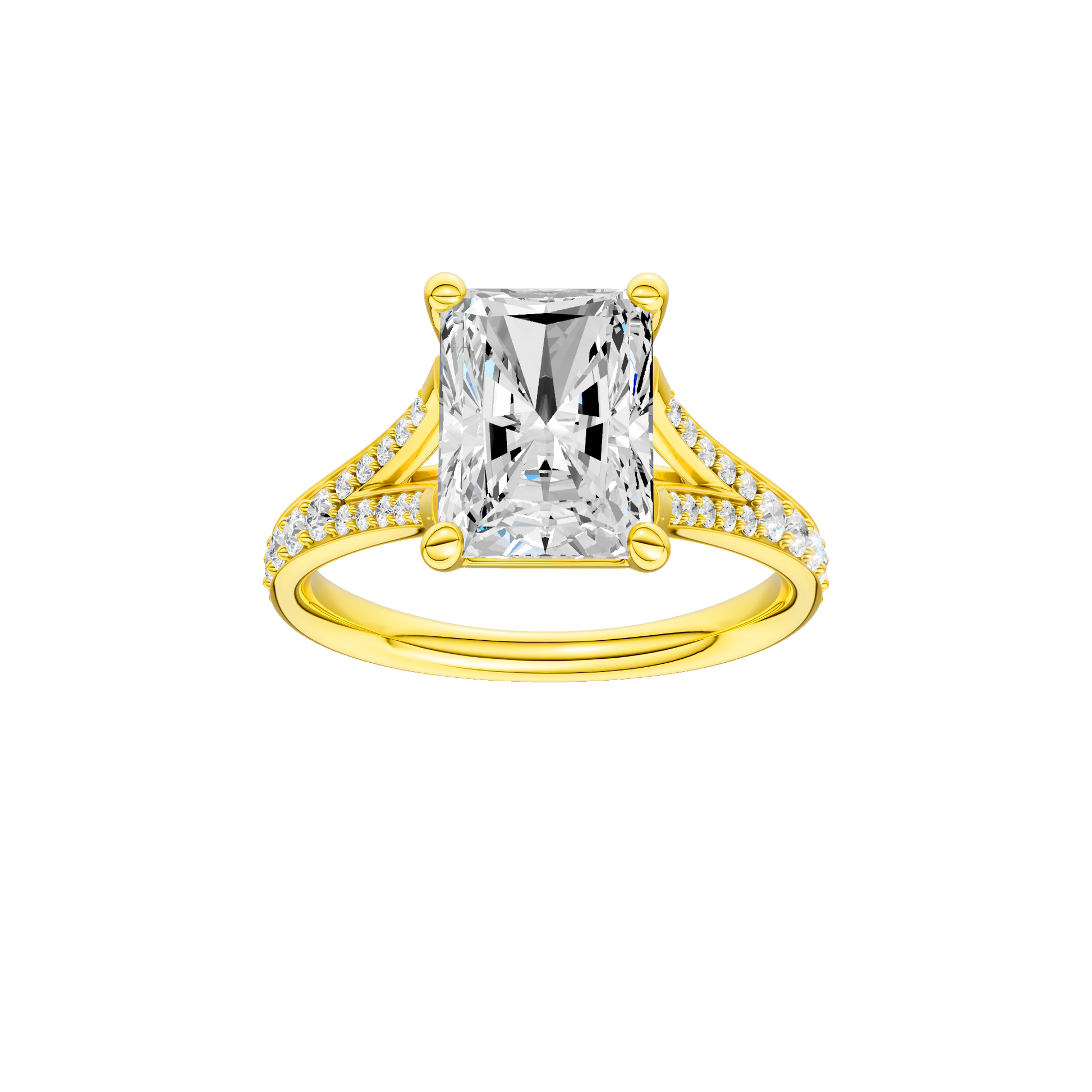 Radiant-cut diamond engagement ring with a channel-set diamond band and solitaire setting.