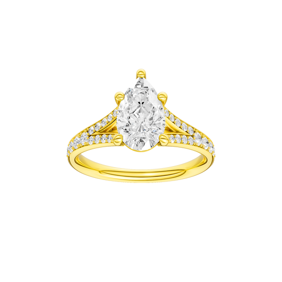 Pear-cut diamond engagement ring with a channel-set diamond band and solitaire setting.
