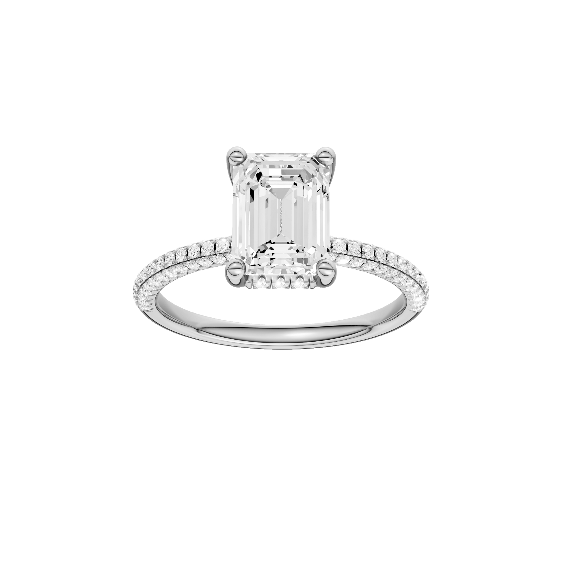 Emerald-cut diamond engagement ring with a pavé-set diamond band and hidden-halo setting.