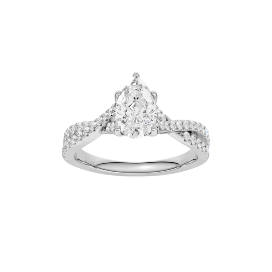Pear-cut diamond engagement ring in 14k white gold with a prong-set diamond band and twist setting