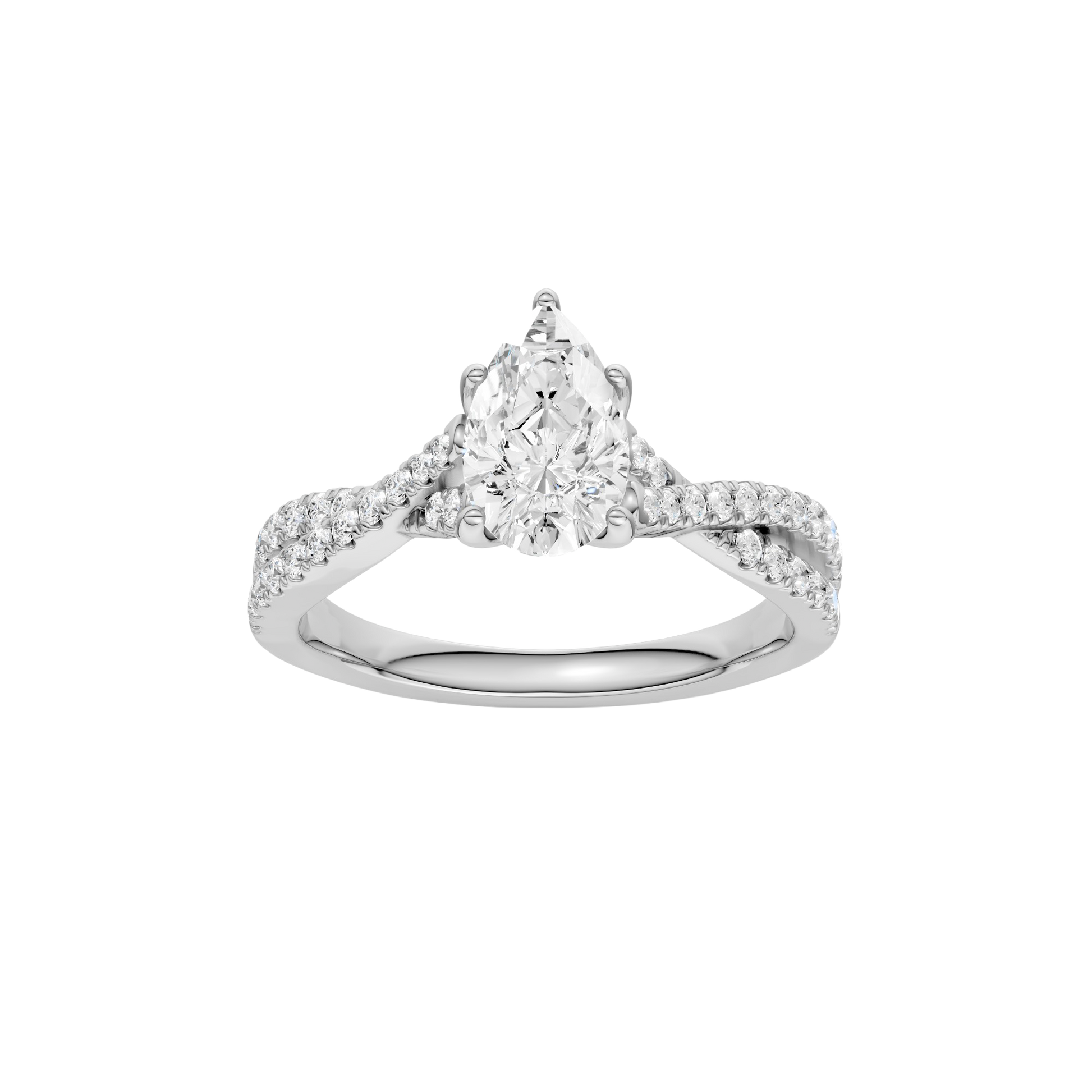 Pear-cut diamond engagement ring in 14k white gold with a prong-set diamond band and twist setting