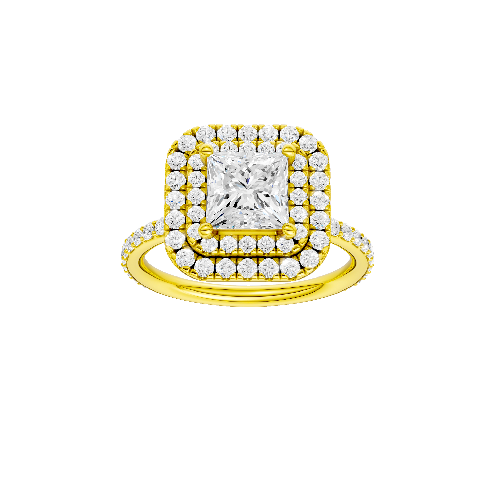 Princess-cut diamond engagement ring with a prong-set diamond band and double-halo setting.