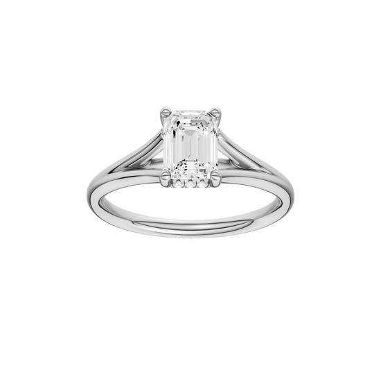 Emerald-cut diamond engagement ring with a plain band and hidden-halo setting.