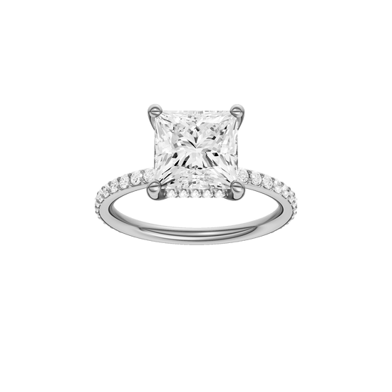 Princess-cut diamond engagement ring with a prong-set diamond band and hidden-halo setting.