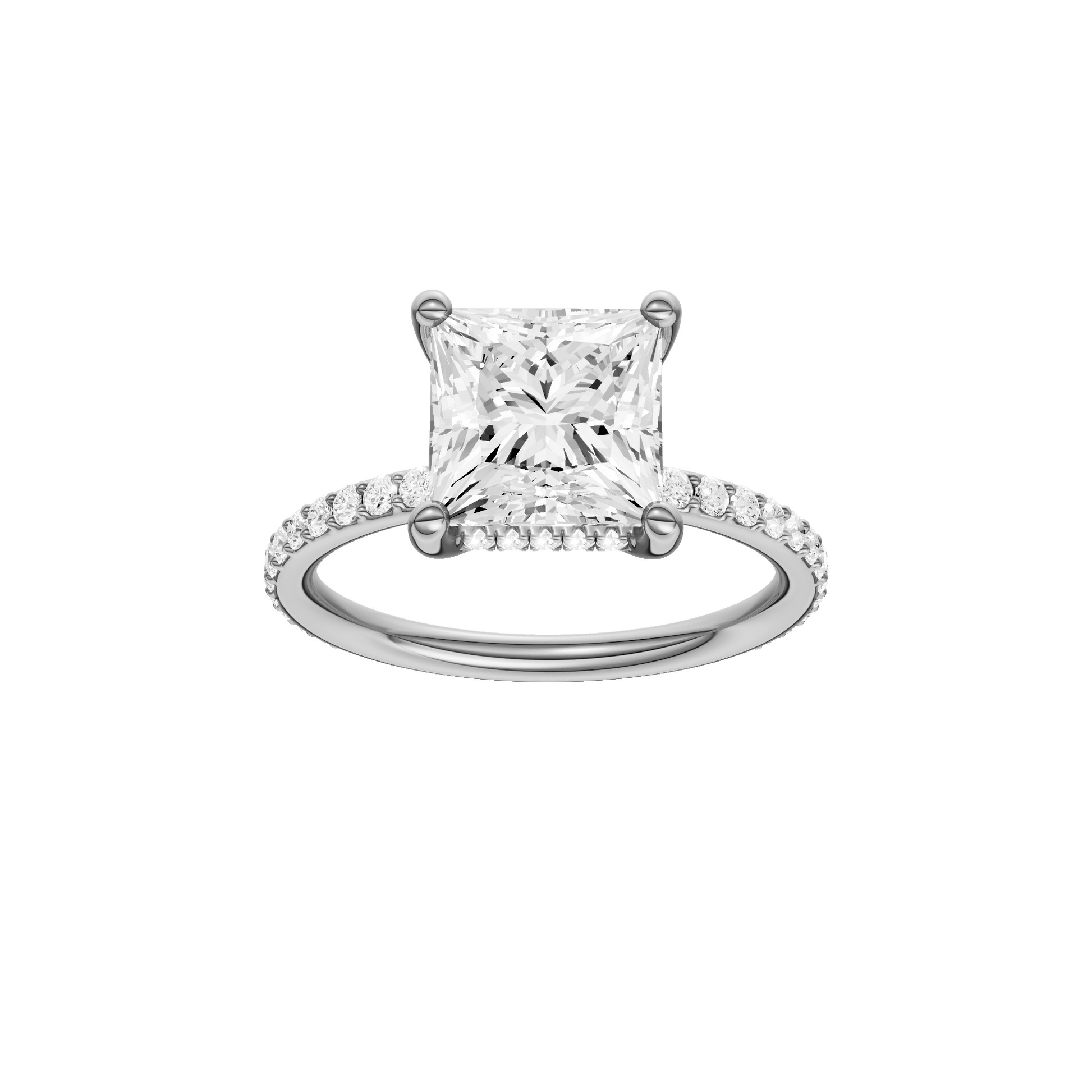 Princess-cut diamond engagement ring with a prong-set diamond band and hidden-halo setting.