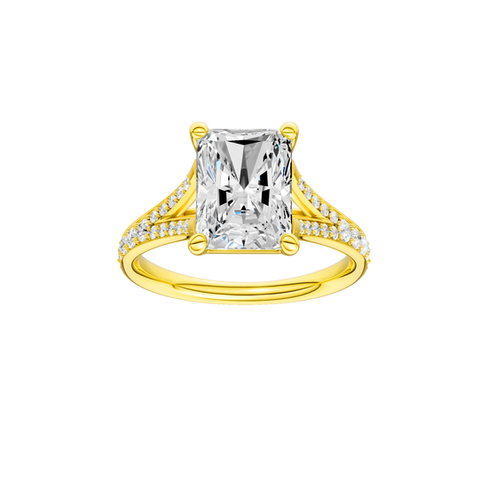 Radiant-cut diamond engagement ring with a channel-set diamond band and solitaire setting.