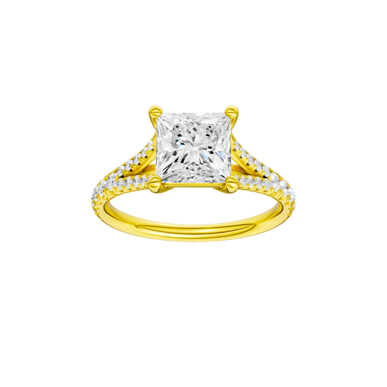 Emerald-cut diamond engagement ring with a prong-set diamond band and solitaire setting.
