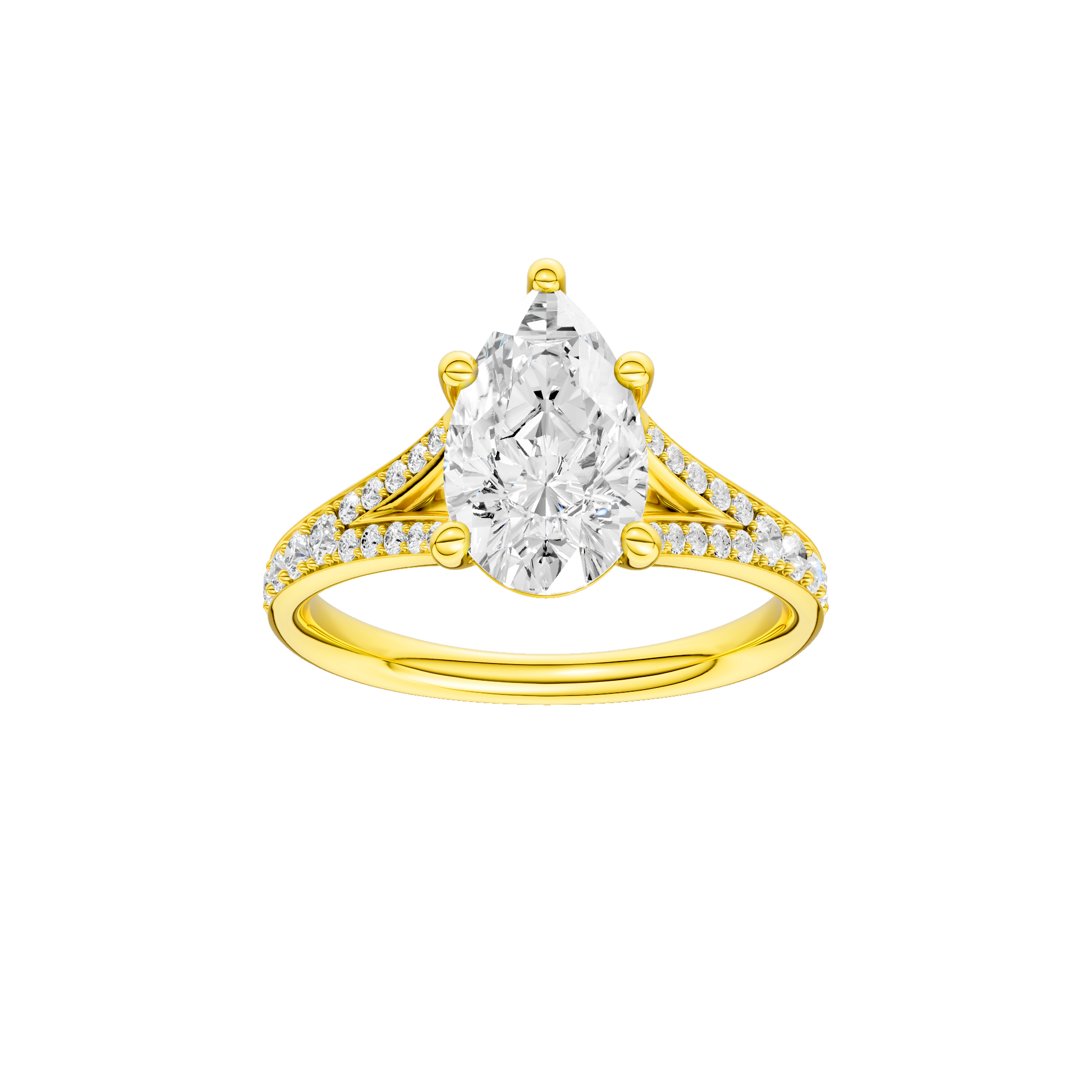 Pear-cut diamond engagement ring with a channel-set diamond band and solitaire setting.