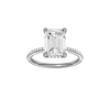 Emerald-cut diamond engagement ring with a pavé-set diamond band and hidden-halo setting.
