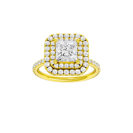 Princess-cut diamond engagement ring with a prong-set diamond band and double-halo setting.