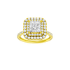 Princess-cut diamond engagement ring with a prong-set diamond band and double-halo setting.