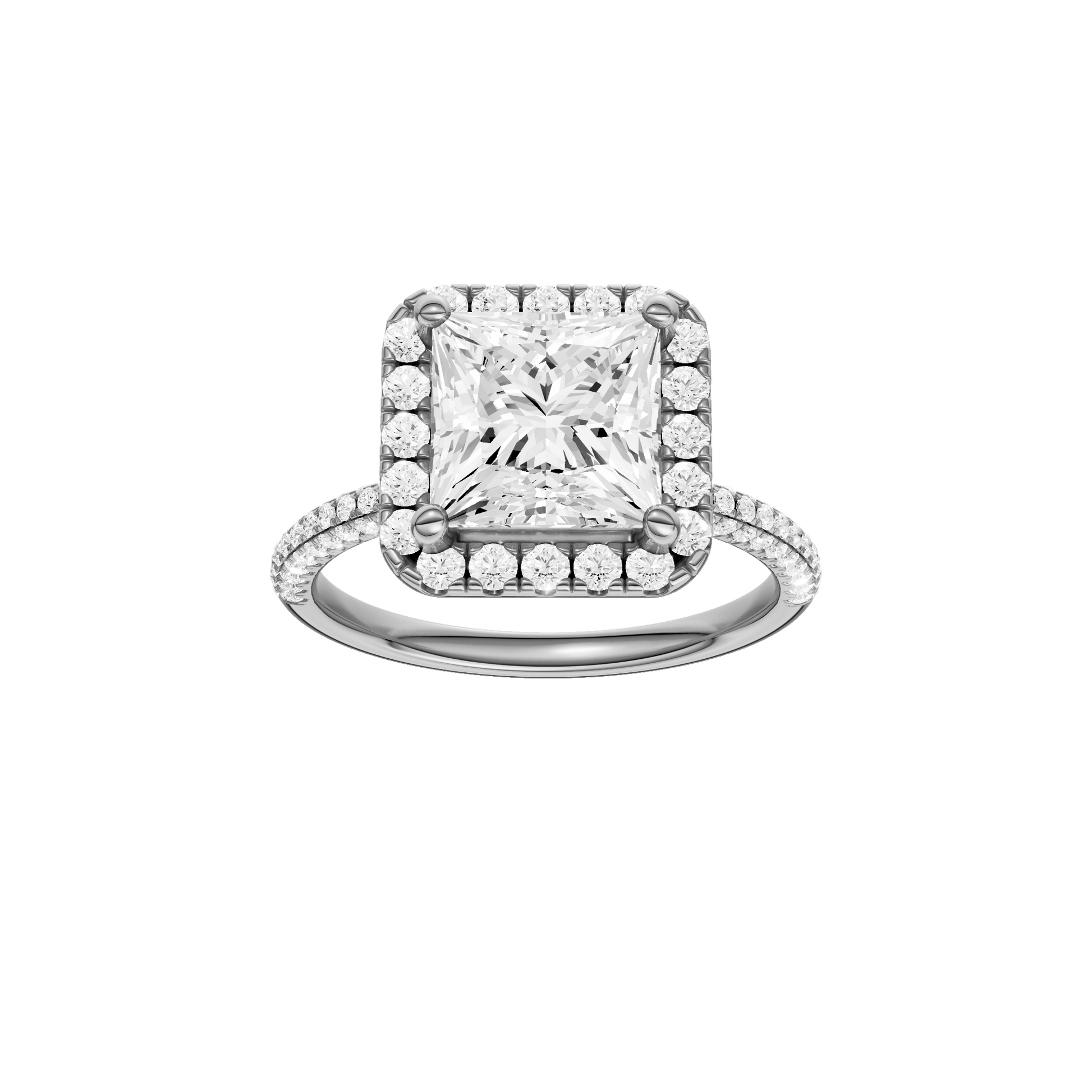 Princess-cut diamond engagement ring with a pavé-set diamond band and halo setting.