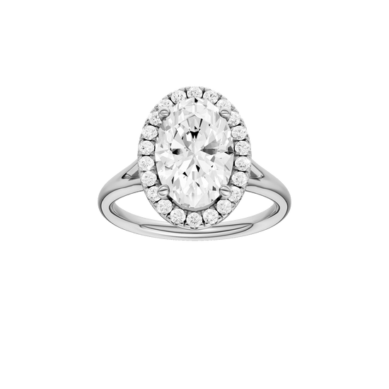 Oval-cut diamond engagement ring with a plain band and halo setting.
