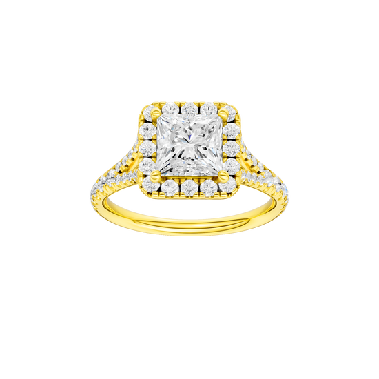 Princess-cut diamond engagement ring with a prong-set diamond band and halo setting.