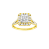 Princess-cut diamond engagement ring with a prong-set diamond band and halo setting.