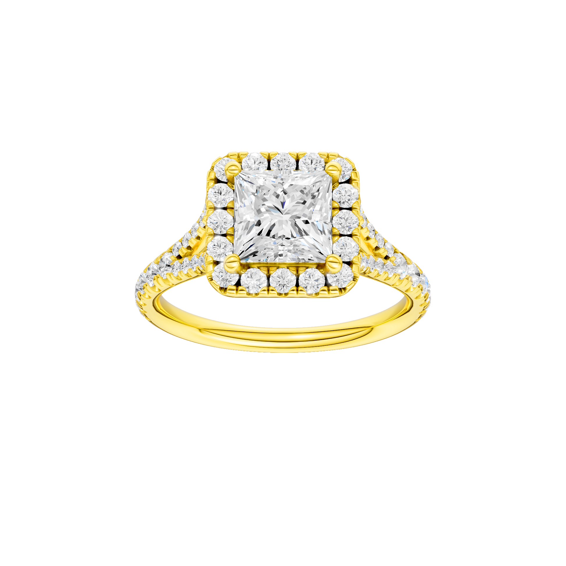 Princess-cut diamond engagement ring with a prong-set diamond band and halo setting.