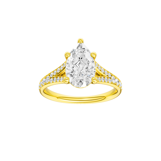 Pear-cut diamond engagement ring with a channel-set diamond band and solitaire setting.