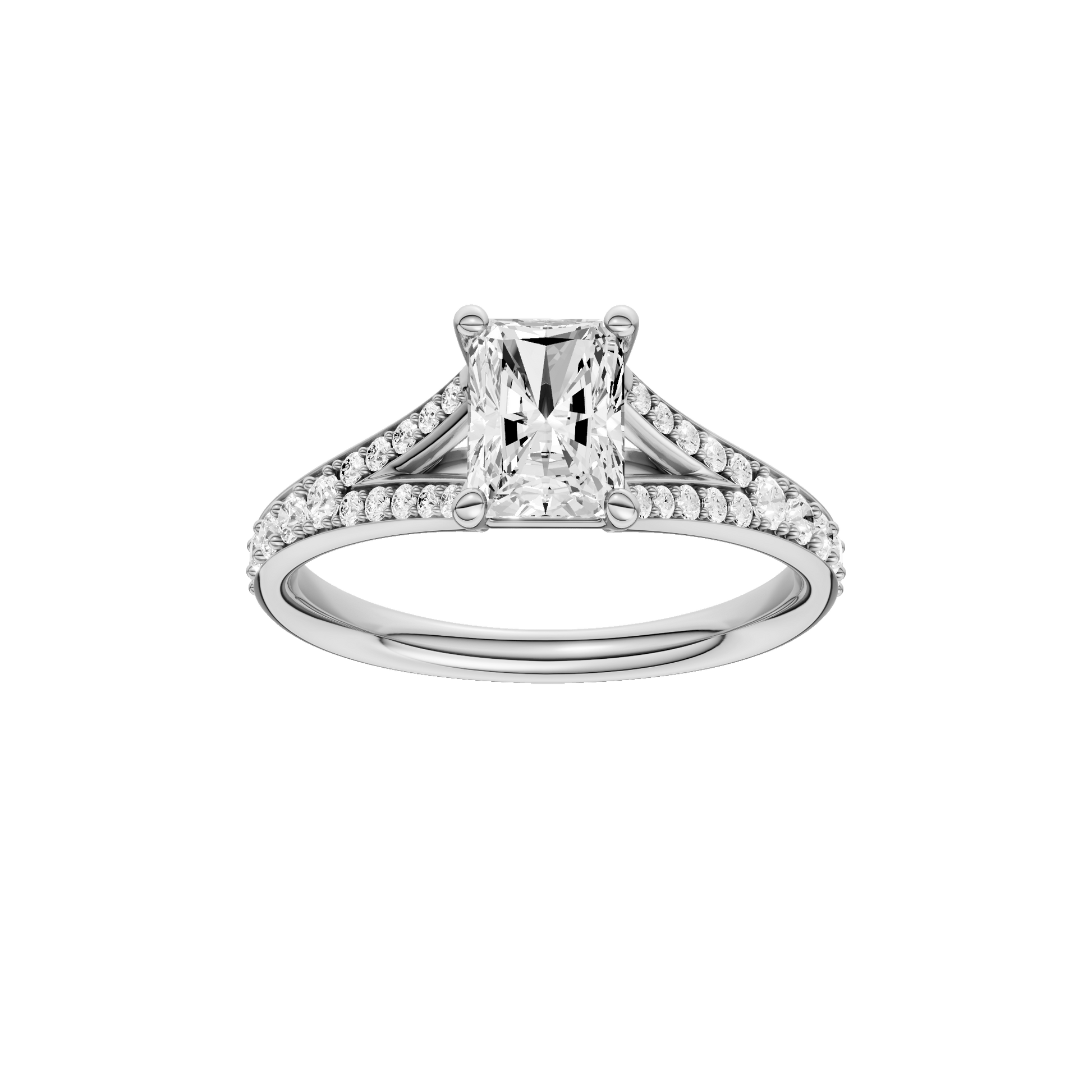 Radiant-cut diamond engagement ring with a channel-set diamond band and solitaire setting.