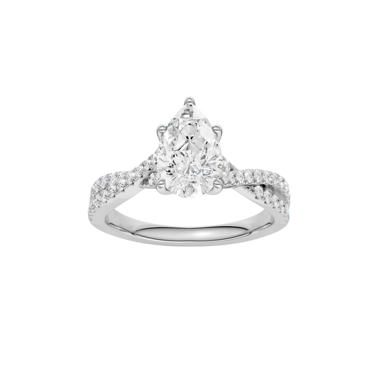 Pear-cut diamond engagement ring in 14k white gold with a prong-set diamond band and twist setting