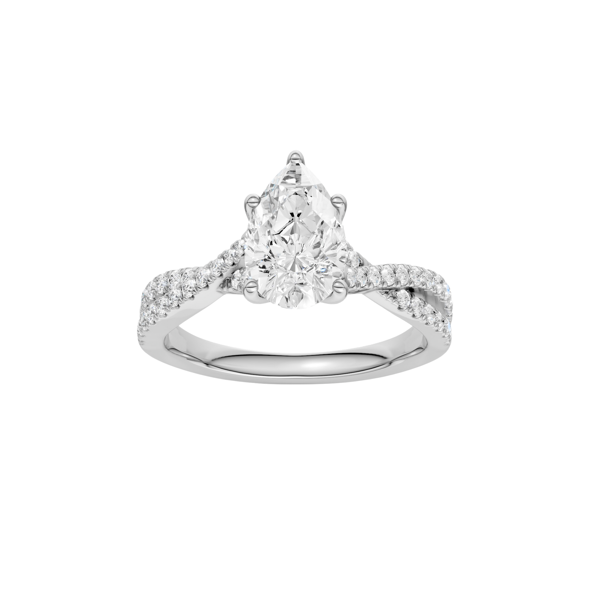 Pear-cut diamond engagement ring in 14k white gold with a prong-set diamond band and twist setting