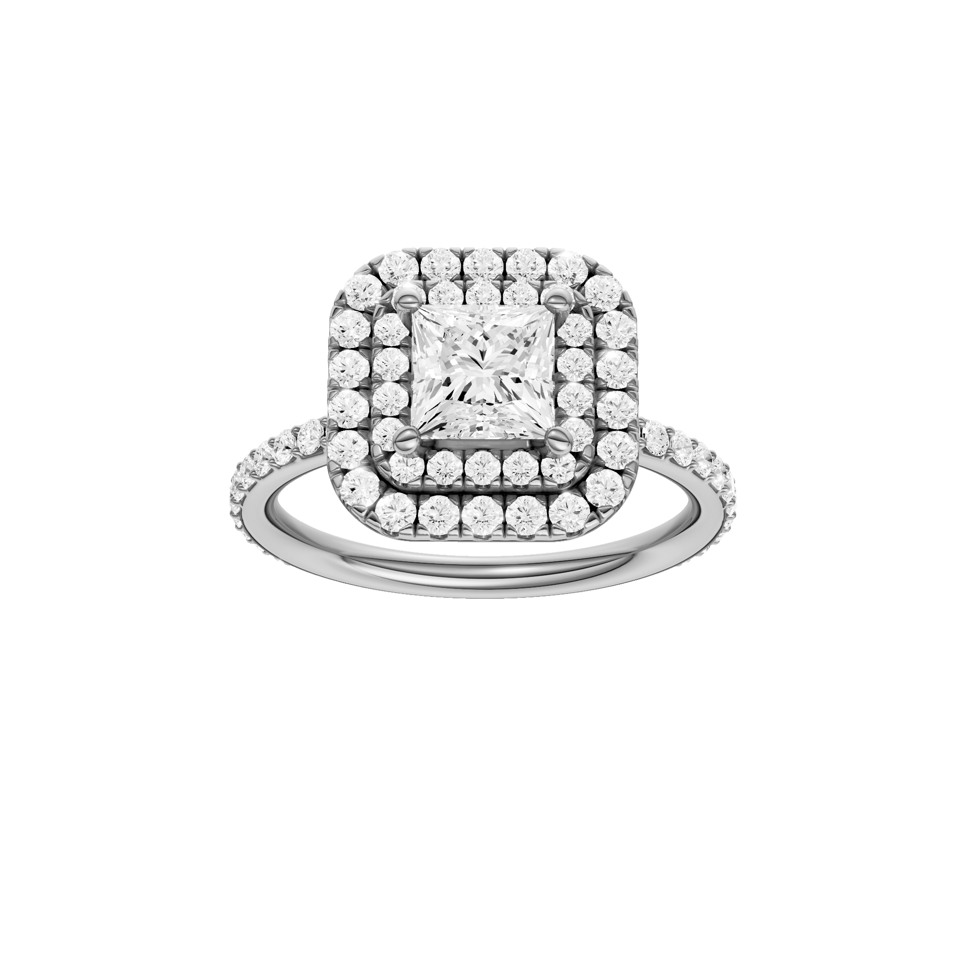 Princess-cut diamond engagement ring with a prong-set diamond band and double-halo setting.
