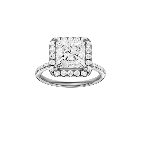 Princess-cut diamond engagement ring with a pavé-set diamond band and halo setting.