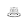 Princess-cut diamond engagement ring with a pavé-set diamond band and halo setting.
