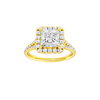 Princess-cut diamond engagement ring with a prong-set diamond band and halo setting.