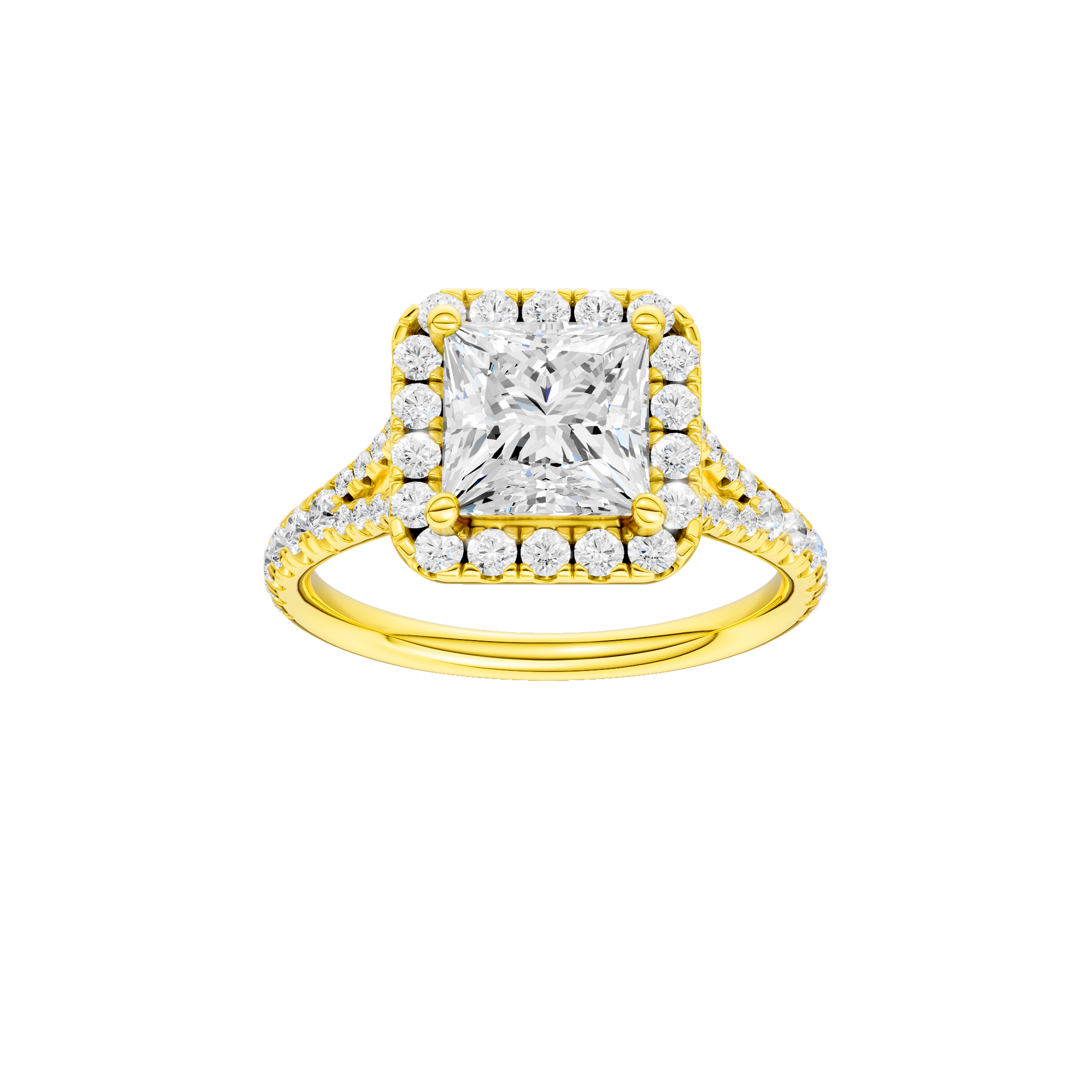 Princess-cut diamond engagement ring with a prong-set diamond band and halo setting.