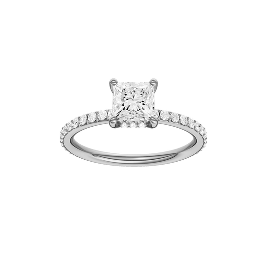 Princess-cut diamond engagement ring with a prong-set diamond band and hidden-halo setting.