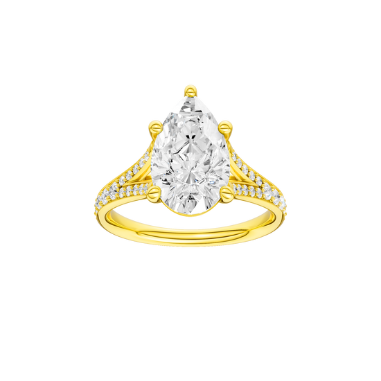 Pear-cut diamond engagement ring with a channel-set diamond band and solitaire setting.