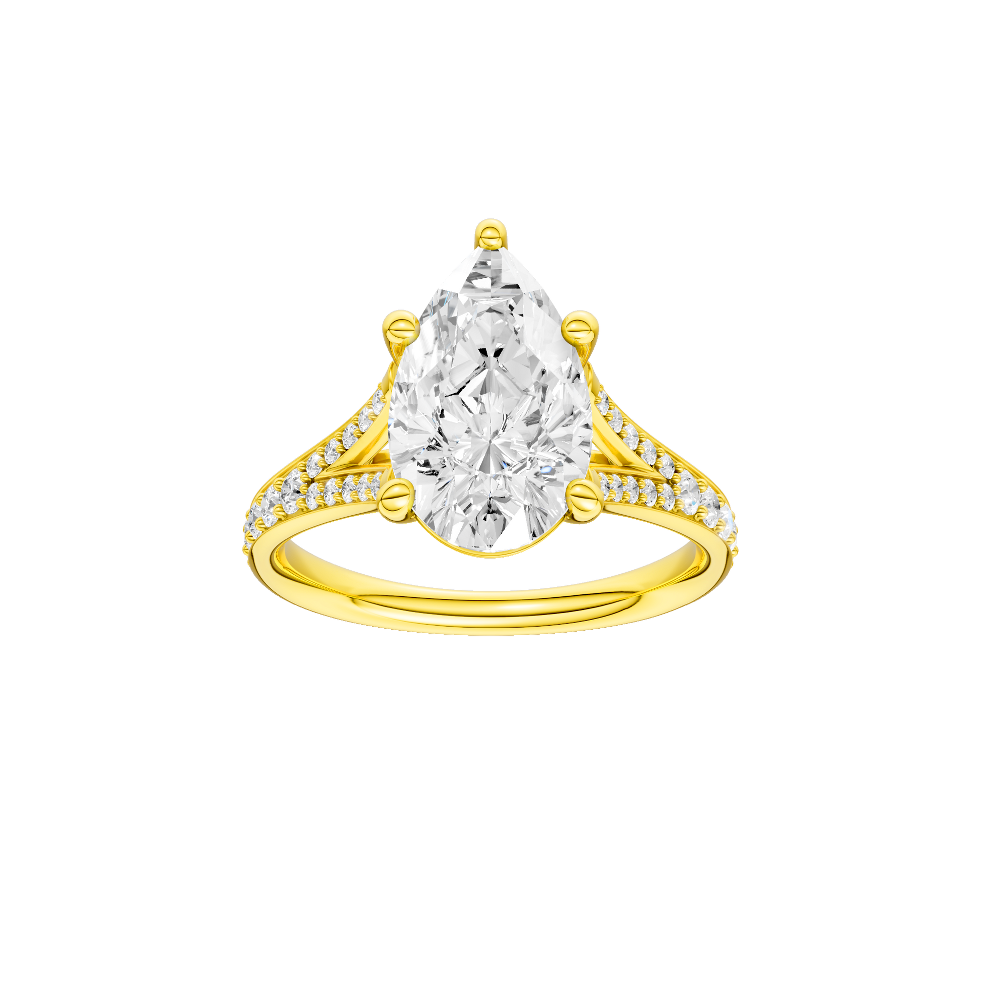 Pear-cut diamond engagement ring with a channel-set diamond band and solitaire setting.