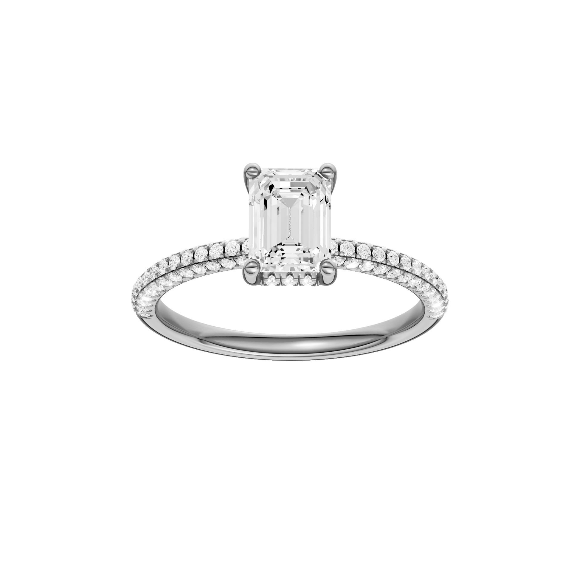 Emerald-cut diamond engagement ring with a pavé-set diamond band and hidden-halo setting.