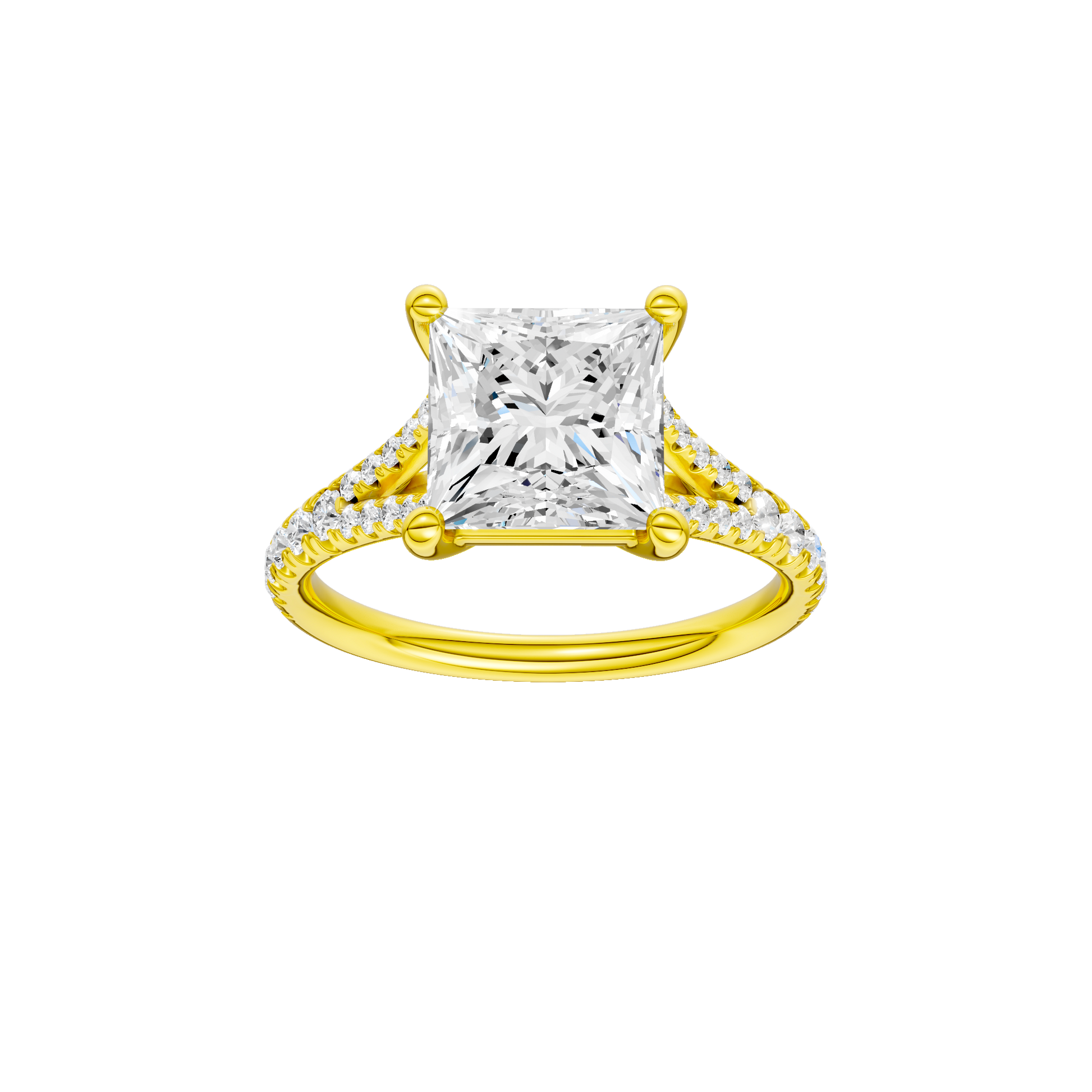 Emerald-cut diamond engagement ring with a prong-set diamond band and solitaire setting.
