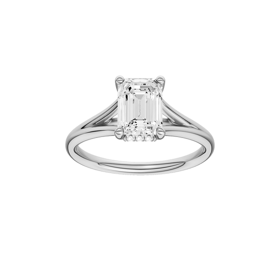 Emerald-cut diamond engagement ring with a plain band and hidden-halo setting.