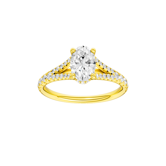 Oval-cut diamond engagement ring with a prong-set diamond band and hidden-halo setting.