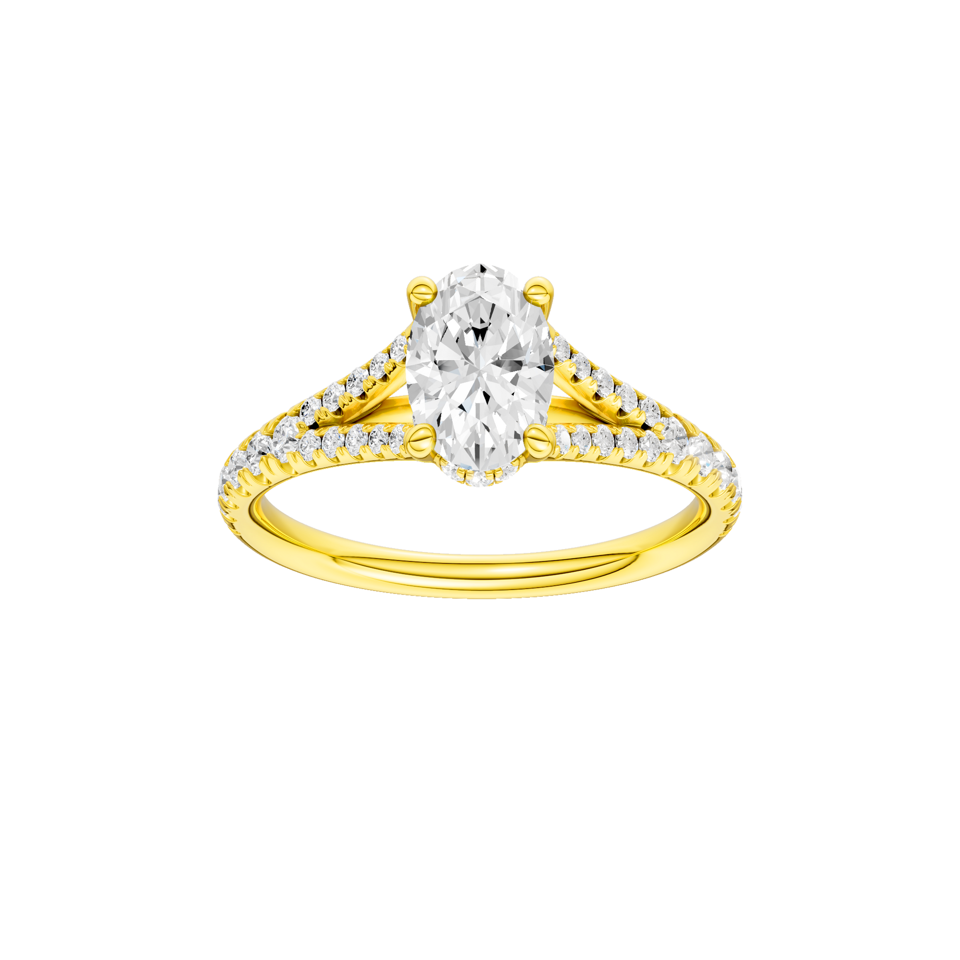Oval-cut diamond engagement ring with a prong-set diamond band and hidden-halo setting.