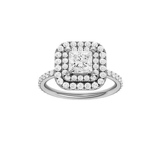 Princess-cut diamond engagement ring with a prong-set diamond band and double-halo setting.