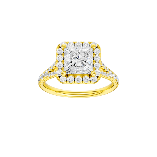 Princess-cut diamond engagement ring with a prong-set diamond band and halo setting.