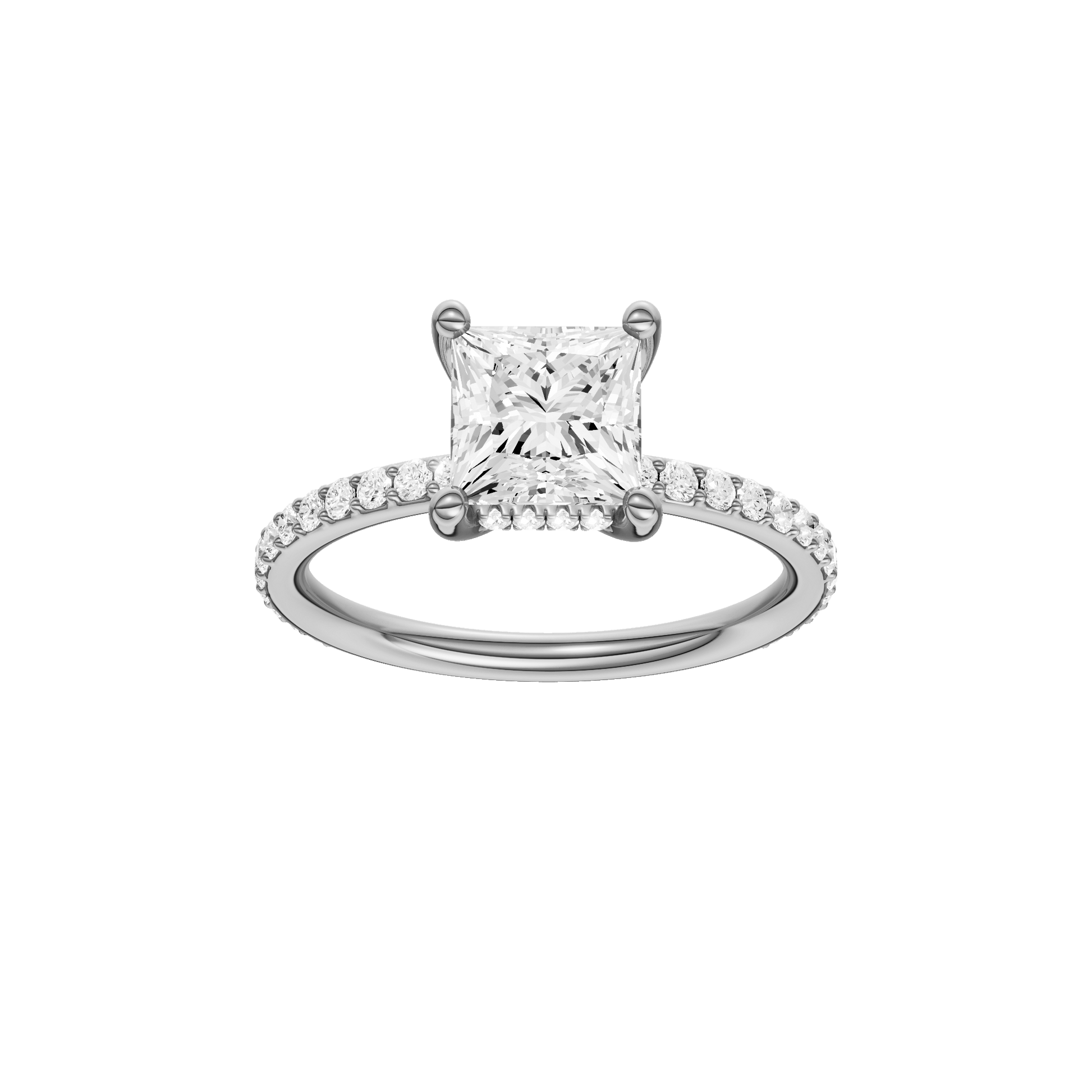 Princess-cut diamond engagement ring with a prong-set diamond band and hidden-halo setting.