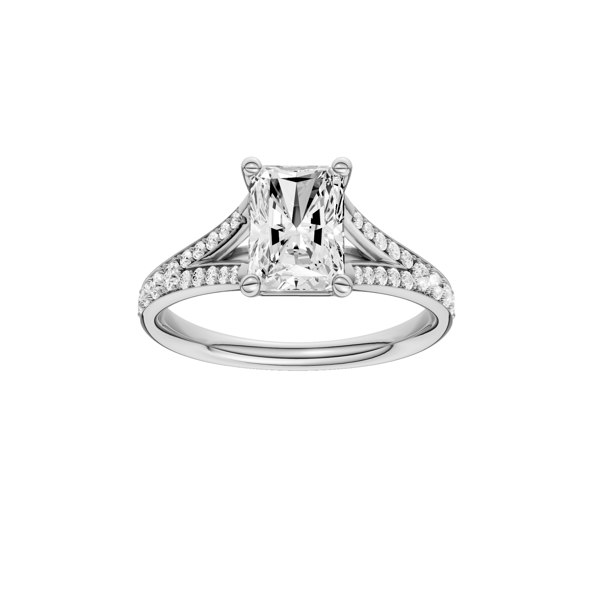 Radiant-cut diamond engagement ring with a channel-set diamond band and solitaire setting.