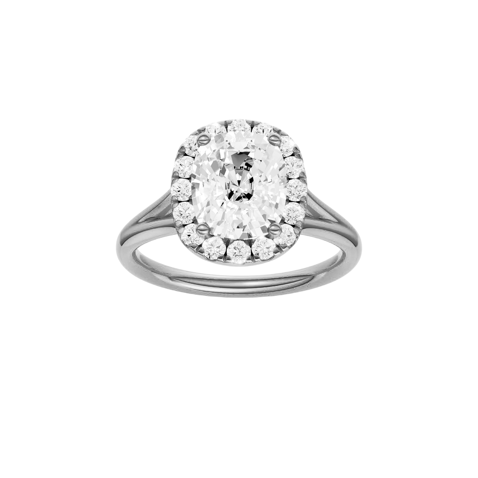 Elongated cushion-cut diamond engagement ring with a plain band and halo setting.