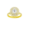 Elongated cushion-cut diamond engagement ring with a channel-set diamond band and double-halo setting.