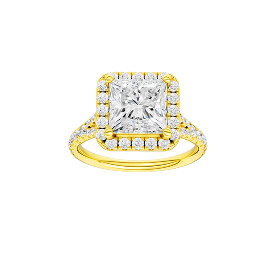 Princess-cut diamond engagement ring with a prong-set diamond band and halo setting.