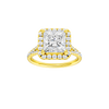 Princess-cut diamond engagement ring with a prong-set diamond band and halo setting.