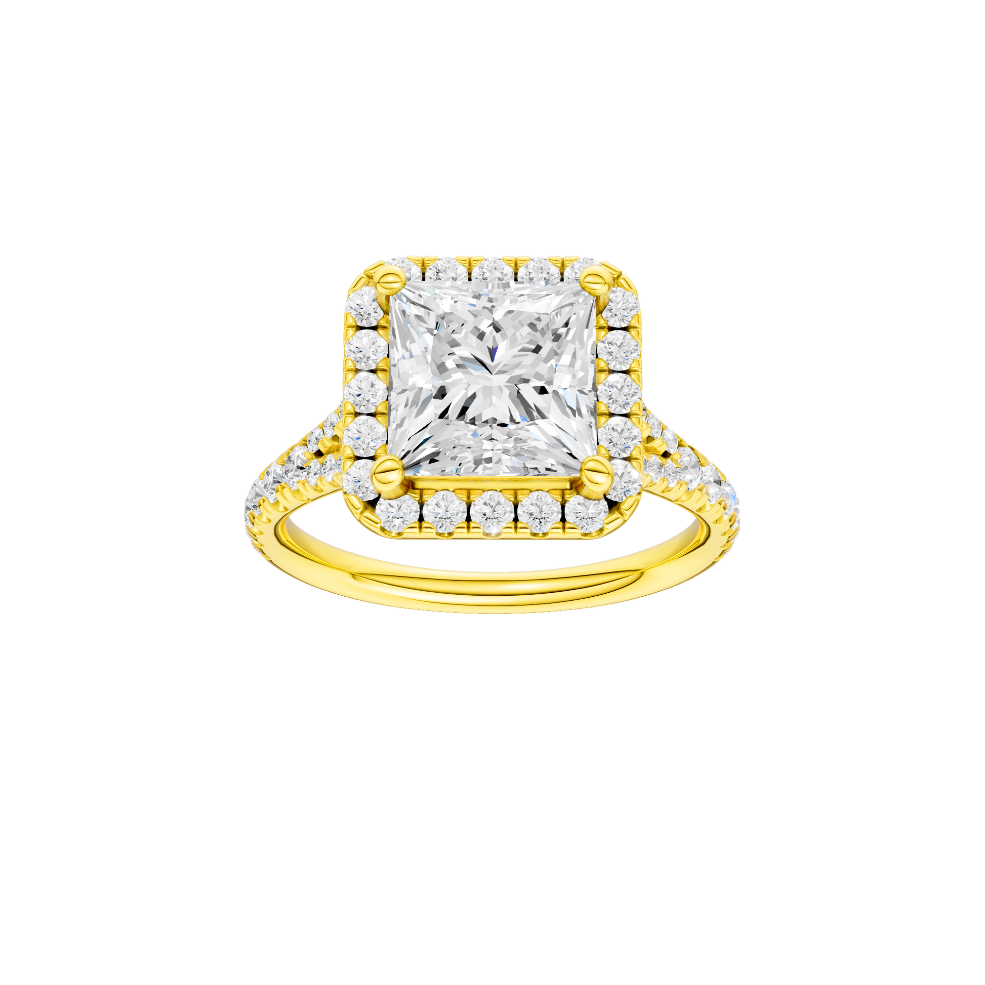 Princess-cut diamond engagement ring with a prong-set diamond band and halo setting.