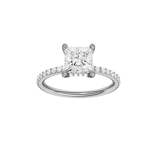 Princess-cut diamond engagement ring with a prong-set diamond band and hidden-halo setting.
