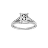 Radiant-cut diamond engagement ring with a channel-set diamond band and solitaire setting.