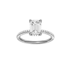 Emerald-cut diamond engagement ring with a pavé-set diamond band and hidden-halo setting.